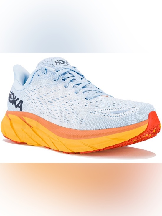 Hoka Shoes - Hoka Women's Clifton 8 Light Blue Upper with Yellow and Orange Running Shoes 9